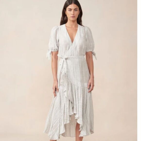 Maggie The Label 100% Linen Stevie Ruffled Wrap Dress Mint Grey Australia - Picture 7 of 12